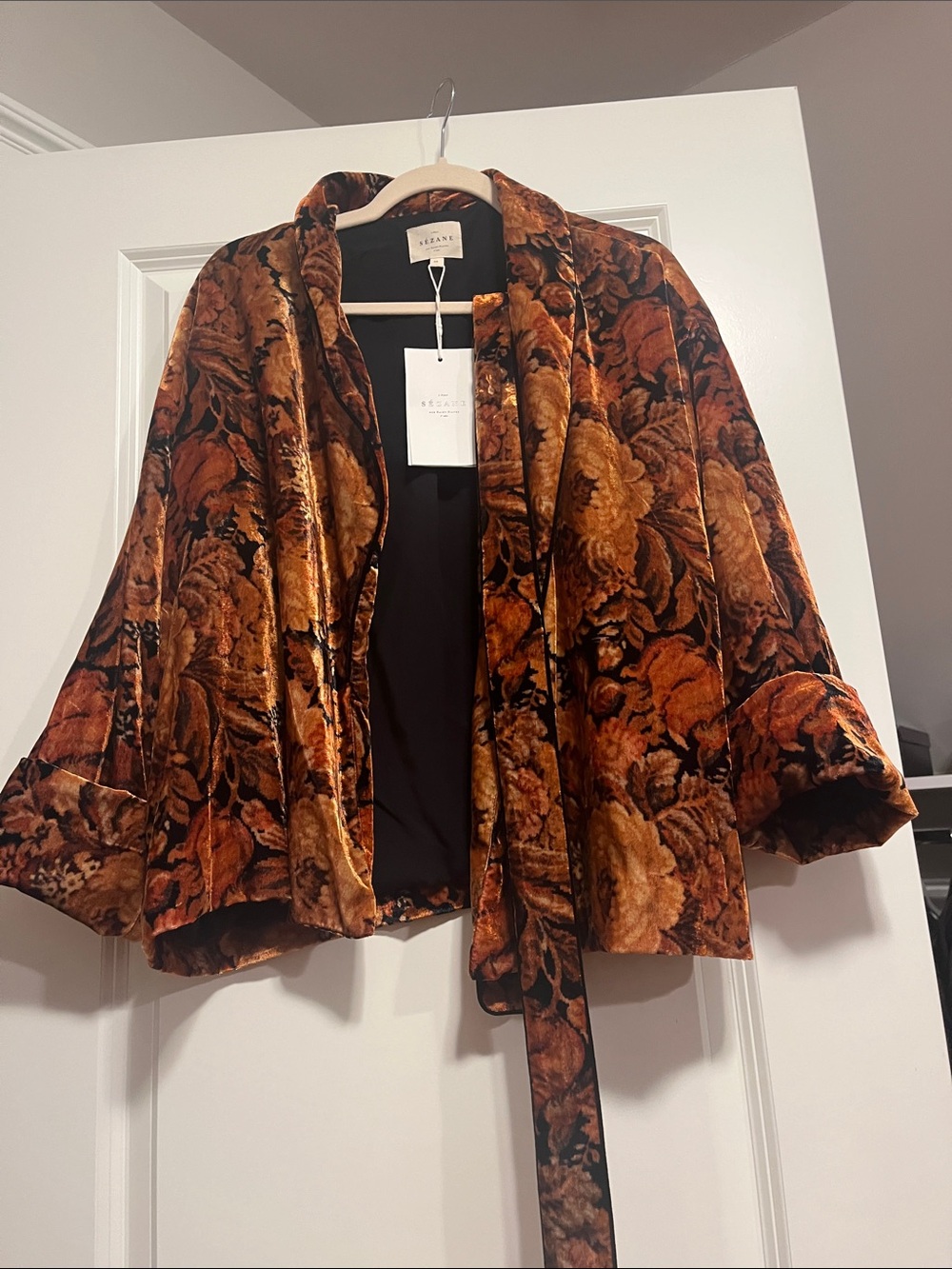 Sézane Rust Multi Velvet Floral Belted Jacket